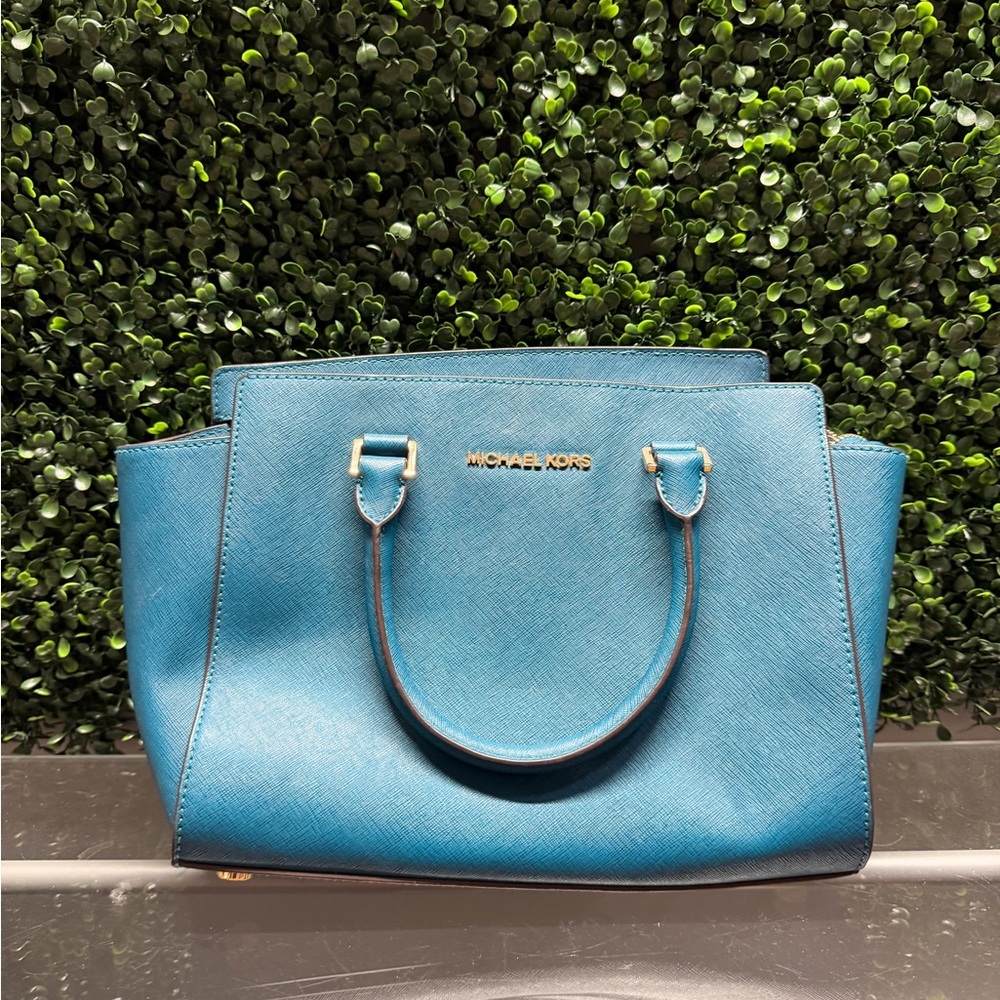 Michael Kors Blue Saffiano Satchel with Gold Hardware - Picture 1 of 4